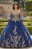 Off-the-shoulder marineblauw geappliqueerde baljurk met lange mouwen Quinceañera jurk