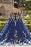 Off-the-shoulder marineblauw geappliqueerde baljurk met lange mouwen Quinceañera jurk