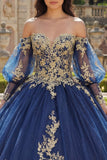 Off-the-shoulder marineblauw geappliqueerde baljurk met lange mouwen Quinceañera jurk