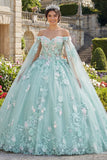 Off-the-shoulder groene geappliqueerde baljurk quinceañera jurk met cape mouwen