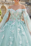 Off-the-shoulder groene geappliqueerde baljurk quinceañera jurk met cape mouwen
