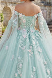 Off-the-shoulder groene geappliqueerde baljurk quinceañera jurk met cape mouwen