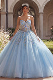 Strapless blauw korset, geappliqueerde baljurk quinceañera jurk