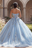 Strapless blauw korset, geappliqueerde baljurk quinceañera jurk