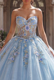 Strapless blauw korset, geappliqueerde baljurk quinceañera jurk