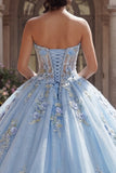 Strapless blauw korset, geappliqueerde baljurk quinceañera jurk