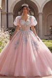 Pink Corset Appliqued Ball Gown Quinceanera Dress with Puff Sleeves