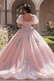 Pink Corset Appliqued Ball Gown Quinceanera Dress with Puff Sleeves