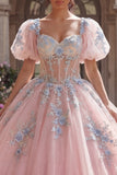 Pink Corset Appliqued Ball Gown Quinceanera Dress with Puff Sleeves