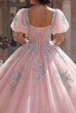 Pink Corset Appliqued Ball Gown Quinceanera Dress with Puff Sleeves