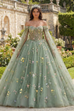 Off-the-shoulder groene baljurk Bloemen Quinceañera jurk met cape mouwen