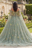 Off-the-shoulder groene baljurk Bloemen Quinceañera jurk met cape mouwen
