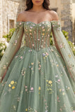 Off-the-shoulder groene baljurk Bloemen Quinceañera jurk met cape mouwen
