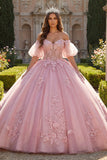 Roze off-the-shoulder geappliqueerde baljurk quinceañera jurk met puffmouwen