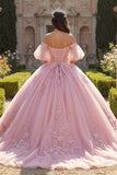 Roze off-the-shoulder geappliqueerde baljurk quinceañera jurk met puffmouwen