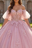 Roze off-the-shoulder geappliqueerde baljurk quinceañera jurk met puffmouwen