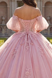Roze off-the-shoulder geappliqueerde baljurk quinceañera jurk met puffmouwen