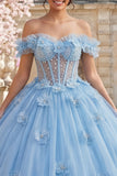 Baljurk van de schouder blauwe parels korset quinceañera jurk met 3D-bloemen