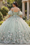 Saliegroene baljurk 3D bloemen prinses quinceañera jurk met pofmouwen