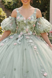 Saliegroene baljurk 3D bloemen prinses quinceañera jurk met pofmouwen
