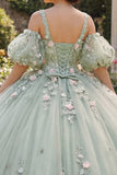 Saliegroene baljurk 3D bloemen prinses quinceañera jurk met pofmouwen