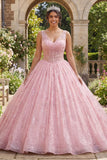 Glitterroze baljurk korset met V-hals quinceañera jurk