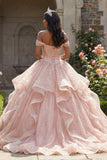 Off-the-shoulder glitterroze baljurk met kralenbezet quinceañera-jurk