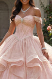 Off-the-shoulder glitterroze baljurk met kralenbezet quinceañera-jurk