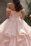 Off-the-shoulder glitterroze baljurk met kralenbezet quinceañera-jurk