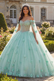 Lichtgroene baljurk met kralen off-shoulder korset 3D bloemen quinceañera jurk met cape mouwen