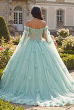 Lichtgroene baljurk met kralen off-shoulder korset 3D bloemen quinceañera jurk met cape mouwen