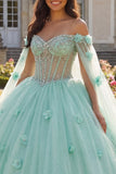 Lichtgroene baljurk met kralen off-shoulder korset 3D bloemen quinceañera jurk met cape mouwen