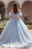 Hemelsblauwe baljurk met off-shoulder geappliqueerde korset-quinceañerajurk met donfmouwen
