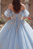 Hemelsblauwe baljurk met off-shoulder geappliqueerde korset-quinceañerajurk met donfmouwen