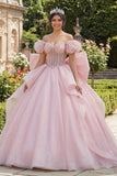 Baljurk roze kralenkorset met off-shoulder quinceañera jurk met grote strik