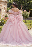 Baljurk roze kralenkorset met off-shoulder quinceañera jurk met grote strik