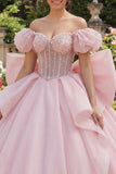Baljurk roze kralenkorset met off-shoulder quinceañera jurk met grote strik