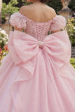 Baljurk roze kralenkorset met off-shoulder quinceañera jurk met grote strik
