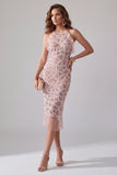 Sprankelende blush Bodycon met gerimpelde midi halter cocktailjurk met franjes