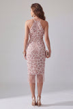 Sprankelende blush Bodycon met gerimpelde midi halter cocktailjurk met franjes