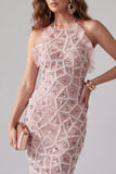 Sprankelende blush Bodycon met gerimpelde midi halter cocktailjurk met franjes