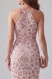 Sprankelende blush Bodycon met gerimpelde midi halter cocktailjurk met franjes