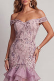 Off-the-shoulder glinsterende lila cocktailjurk met kralen en ruches