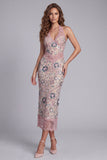 Sprankelende blush met kralen beadde halter Sheath Maxi bloemencocktailjurk met kant