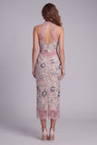 Sprankelende blush met kralen beadde halter Sheath Maxi bloemencocktailjurk met kant