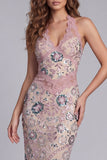 Sprankelende blush met kralen beadde halter Sheath Maxi bloemencocktailjurk met kant