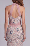 Sprankelende blush met kralen beadde halter Sheath Maxi bloemencocktailjurk met kant