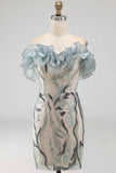 Glinsterende stoffige blauwe strapless kralenbeklede strakke korte cocktailjurk met ruches