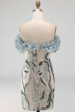 Glinsterende stoffige blauwe strapless kralenbeklede strakke korte cocktailjurk met ruches