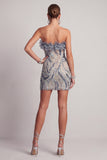 Glinsterende, stoffige blauwe strapless kralenbeklede strakke korte cocktailjurk met ruches